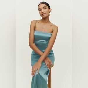 Reformation wedding guest dress size 0 Frankie Silk Dress in Teal